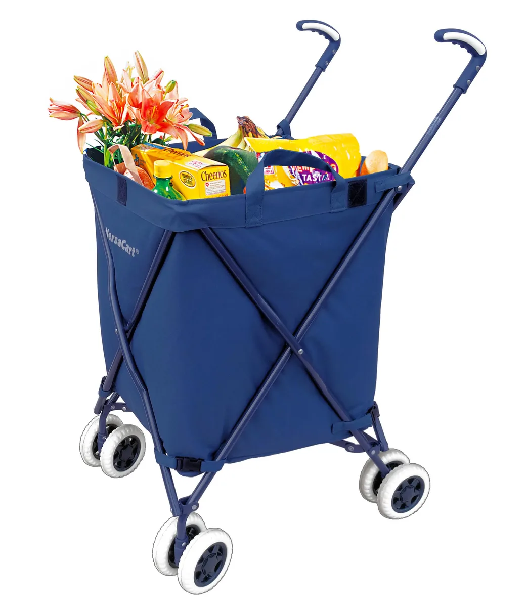 Blue folding utility cart with steel frame, canvas bag and cover, four wheels extended