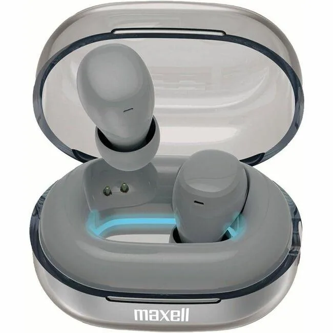 Pair of gray in-ear true wireless earbuds in charging case