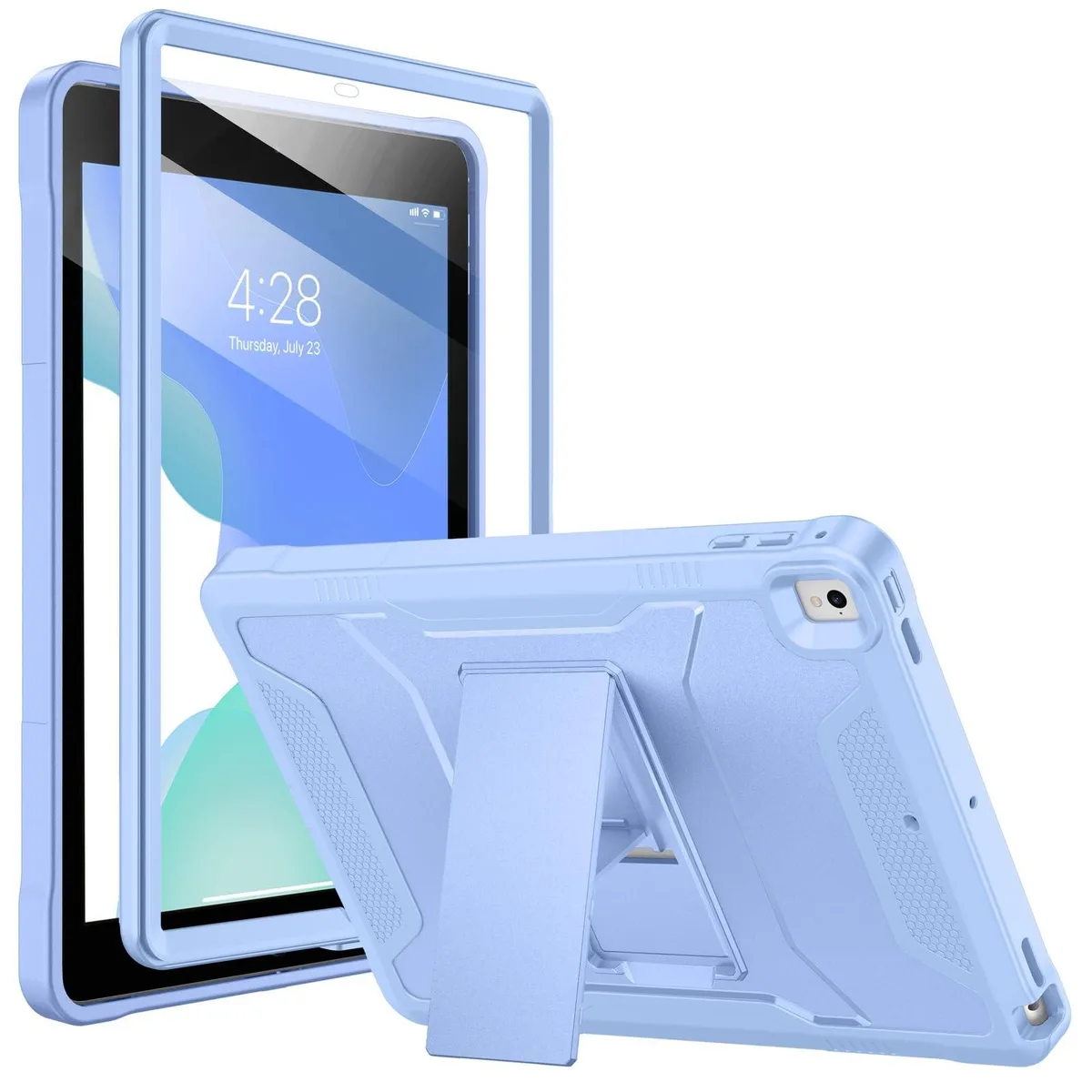 Light blue rugged tablet case with kickstand and screen protector