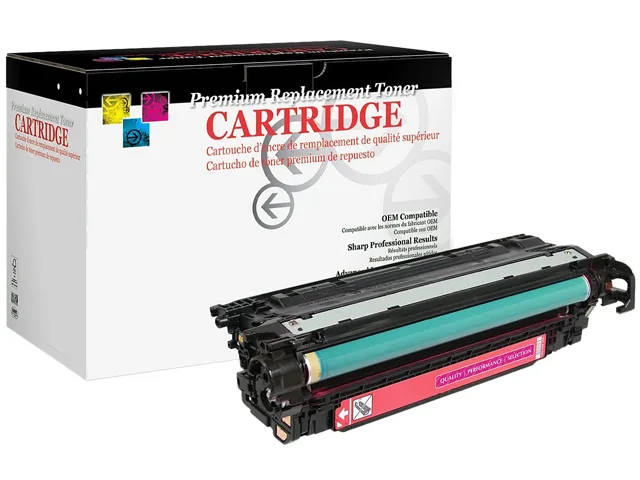 Rectangular magenta toner cartridge with textured plastic housing and model label