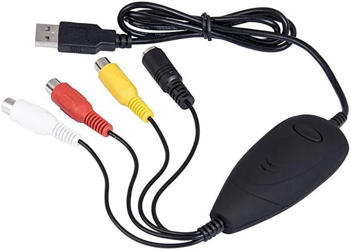 Small black USB 2.0 video capture adapter with RCA composite, S-Video and stereo audio inputs