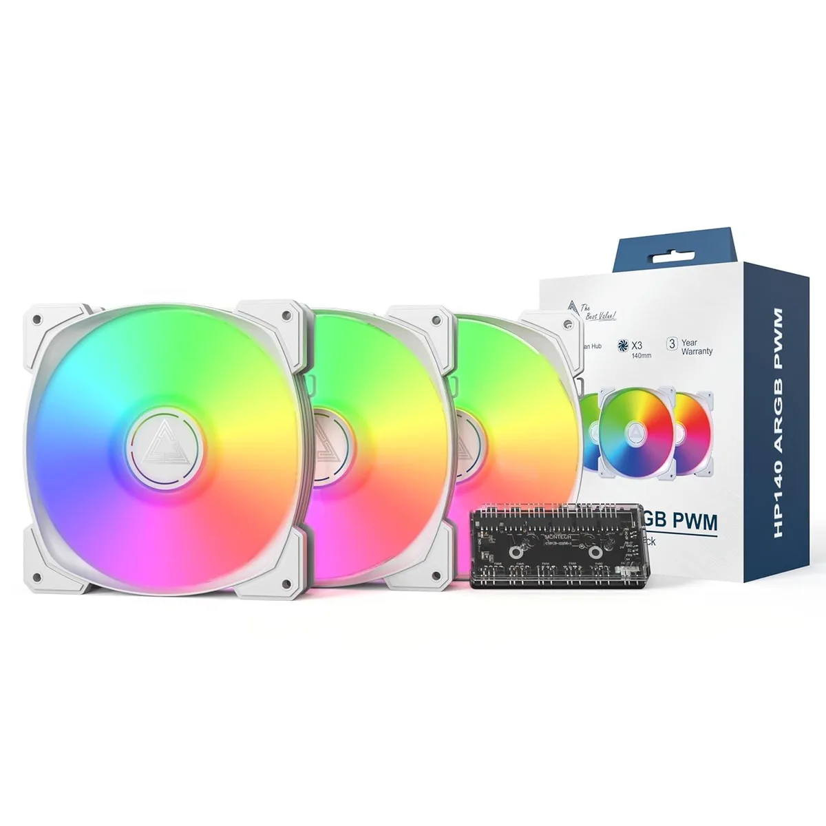 Montech Montech HP140W3IN1 140mm ARGB PWM case fan 3-pack white — product photo