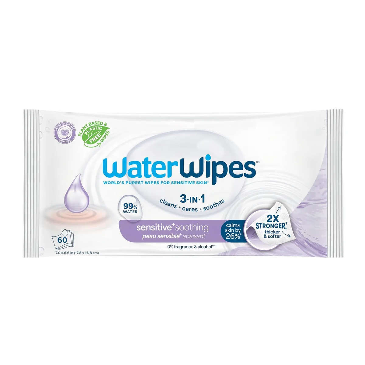White rectangular pack of 60 WaterWipes soothing wipes, unscented, 99% water with botanical extract