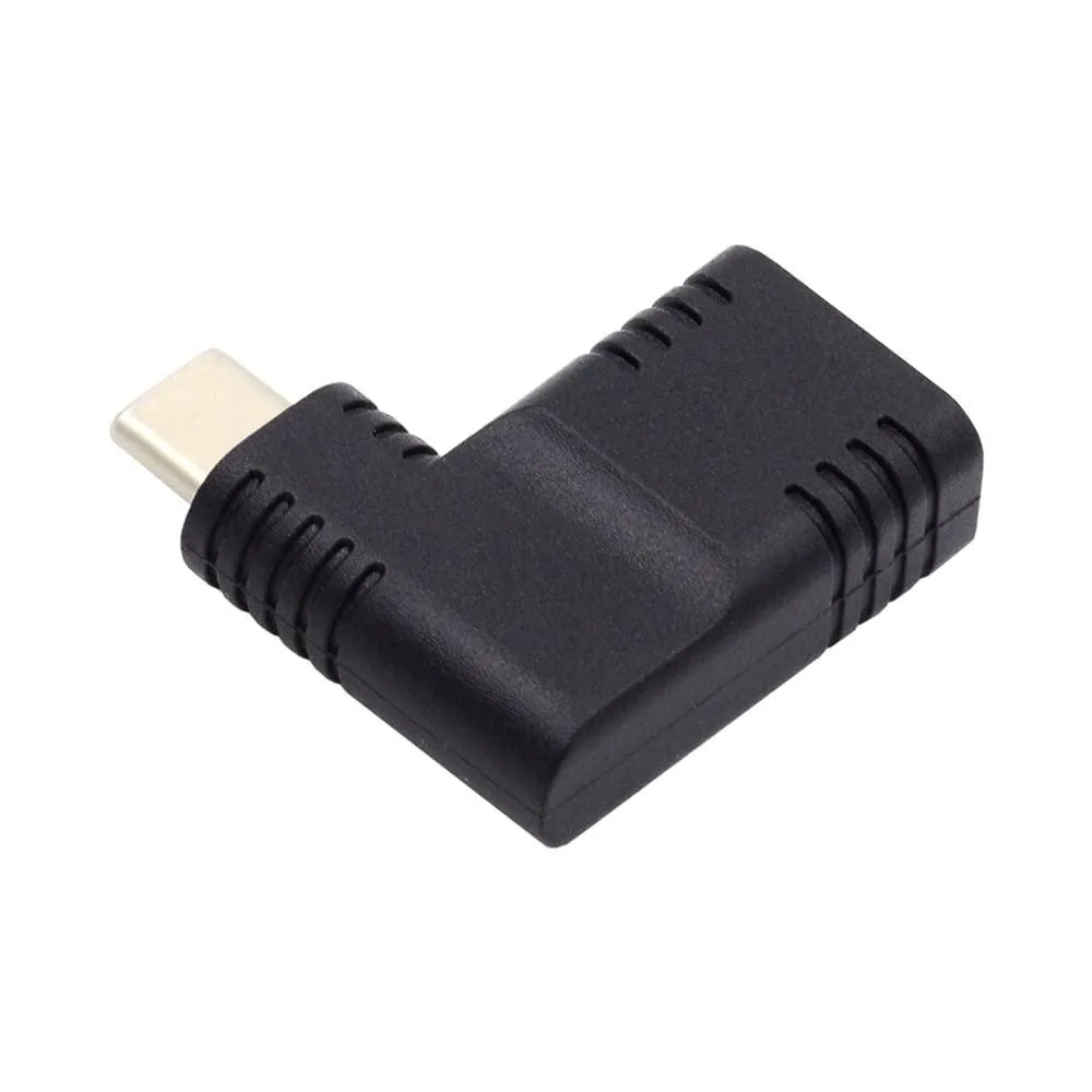 Small black rectangular adapter with 90-degree USB-C plug and barrel jack input