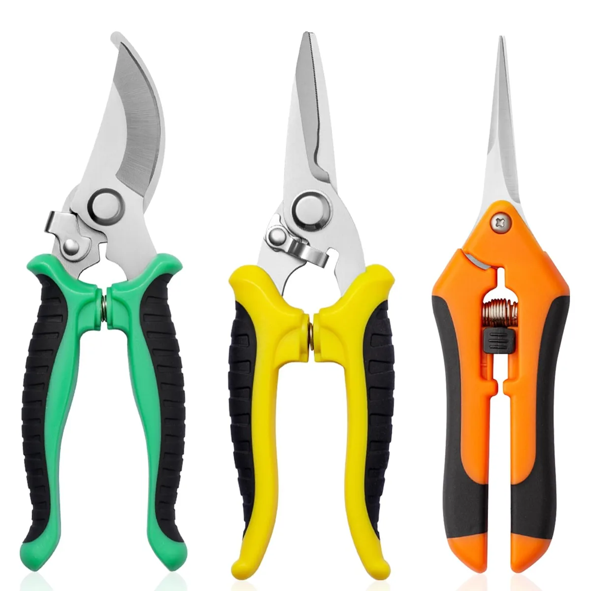 Three stainless steel bypass pruning shears with multi-colour rubber handles and safety locks