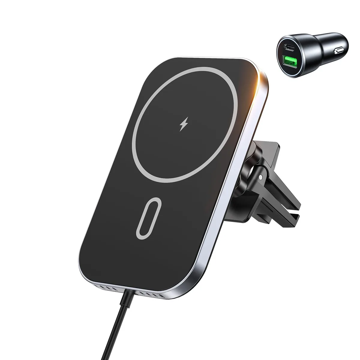 Mukiya MagSafe car mount charger on air vent clip, 1m cable attached