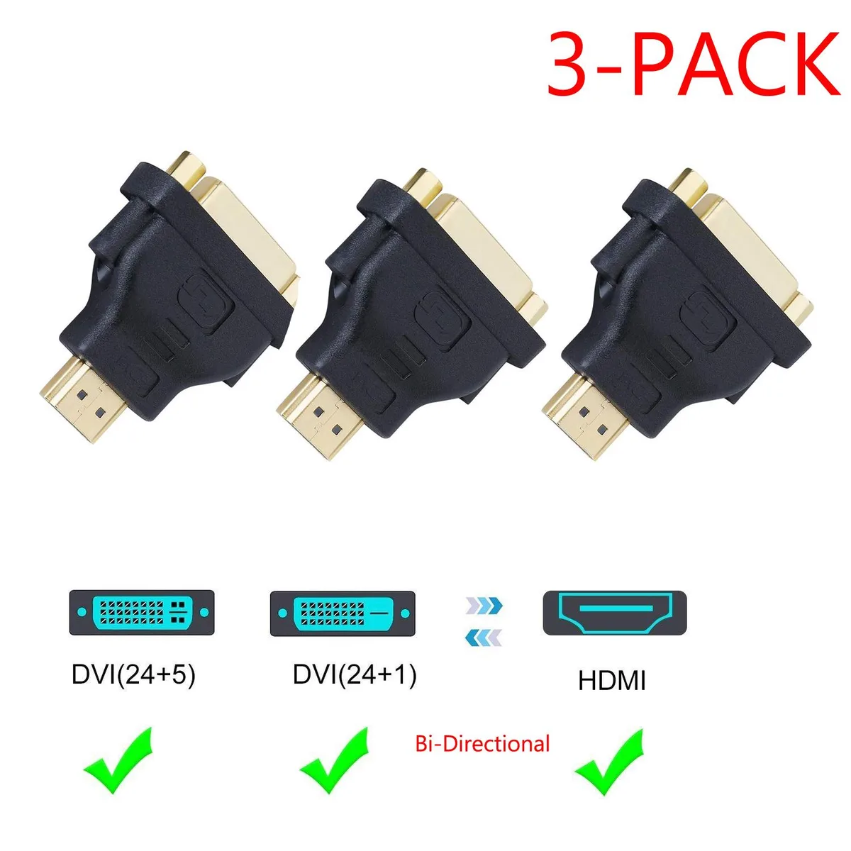 WRIARICH WRIARICH DVI to HDMI Bidirectional Adapter 24+5 24+1 Gold-Plated 3 Pack — product photo