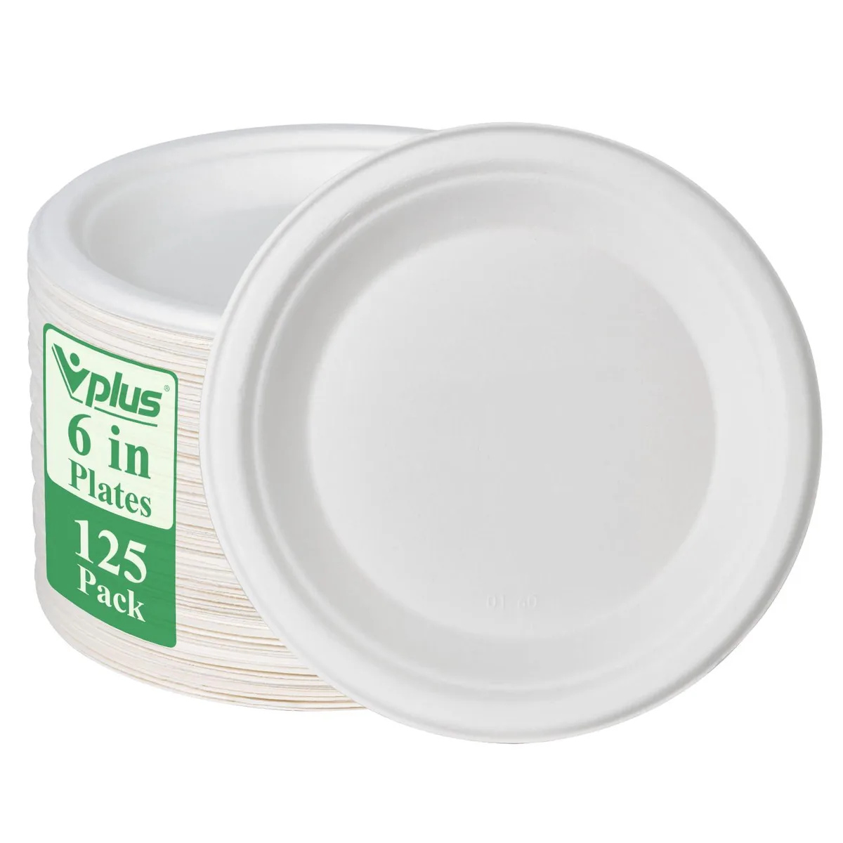 Stack of white rectangular 6 inch plates on a plain background