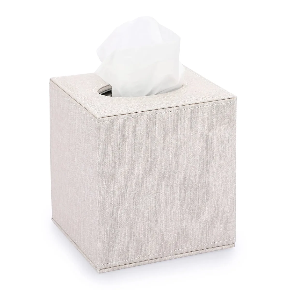 Beige linen cube tissue box cover with magnetic base