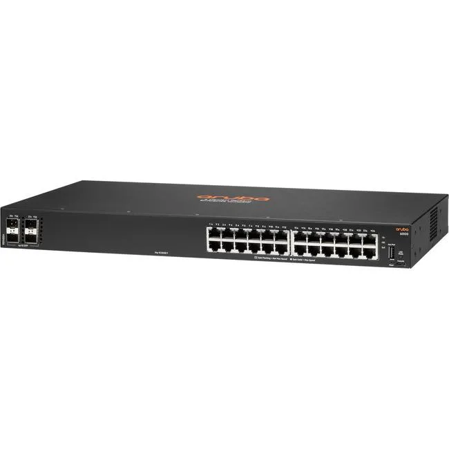 Silver 1U rack-mountable switch with 24 RJ-45 ports and four SFP slots