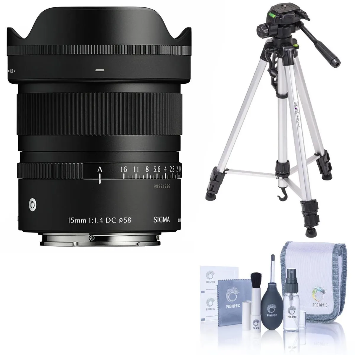 SIGMA SIGMA 15mm f/1.4 DC Contemporary Lens for Sony E with TAKAMA Tripod and Cleaning Kit — product photo