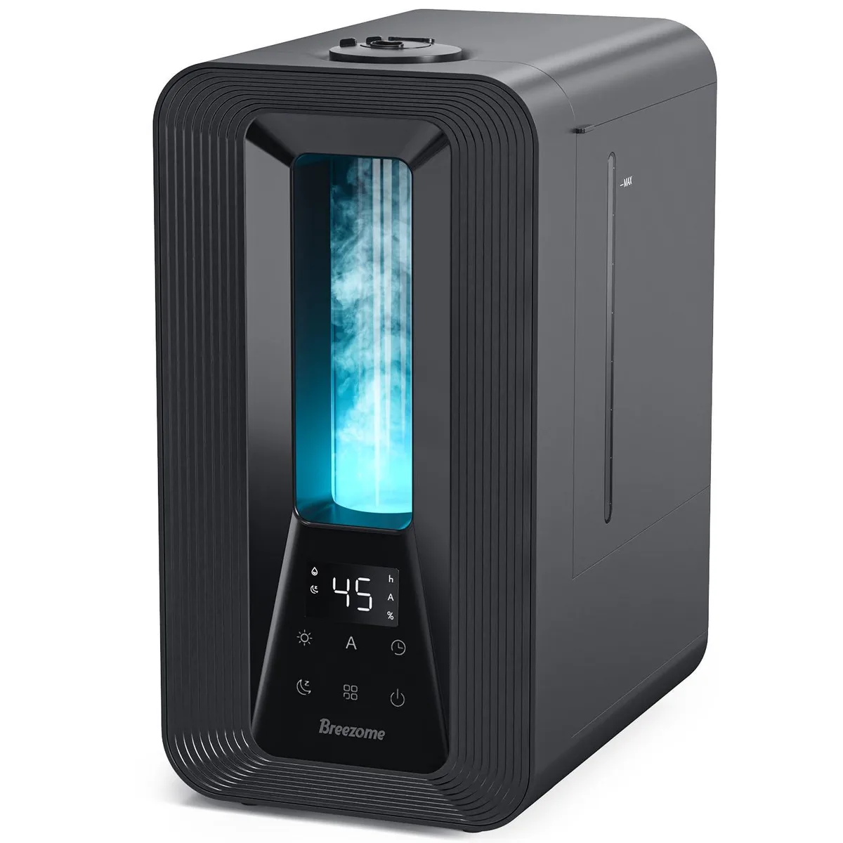 Black rectangular humidifier with round mirror top, white and ebony finish, 9.45 by 6.7 by 12.88 inches