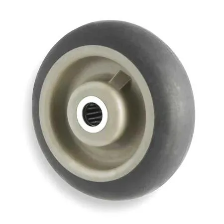Black rubber caster wheel eight inches wide two inches with plastic hub and roller bearing