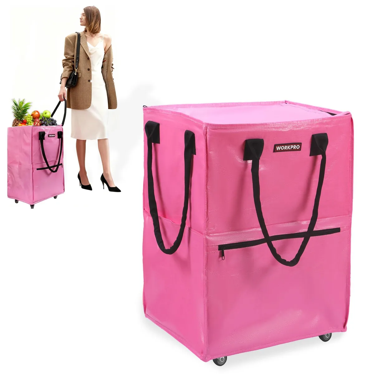 Beige rolling tote with five wheels and dual handles