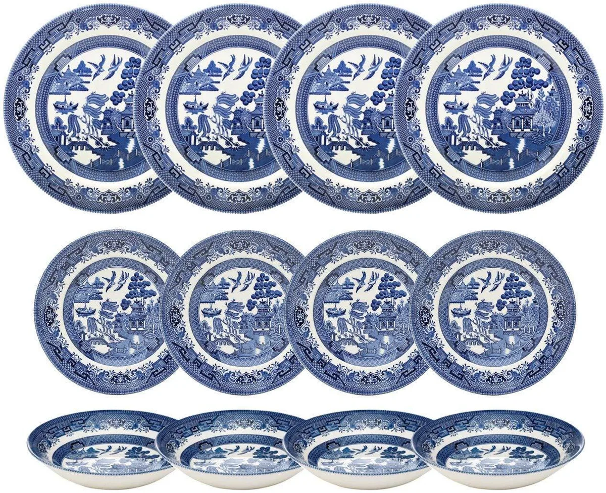 Square white ceramic dinner plates, salad plates and coupe bowls with blue floral pattern, twelve pieces