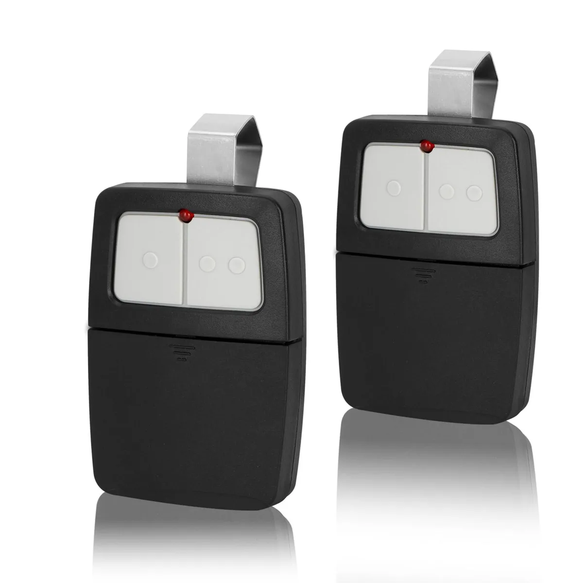 Small black rectangular remote with two buttons and keyring loop