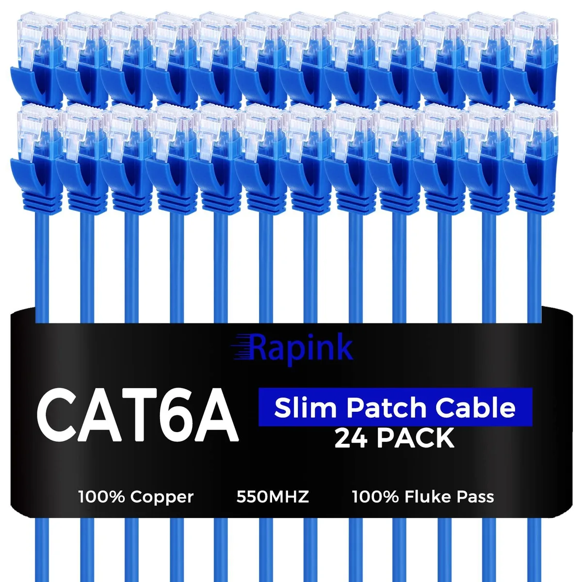 Twenty-four slim blue Cat6a patch cables with gold RJ45 connectors