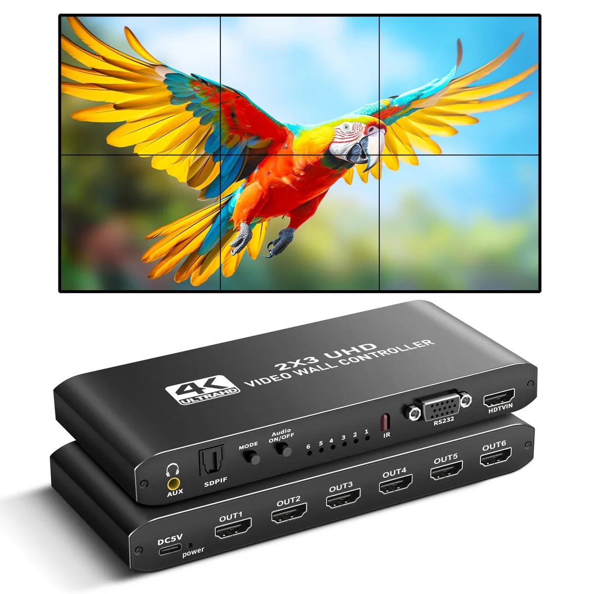 Black rectangular HDMI video wall controller with seven ports and IR remote