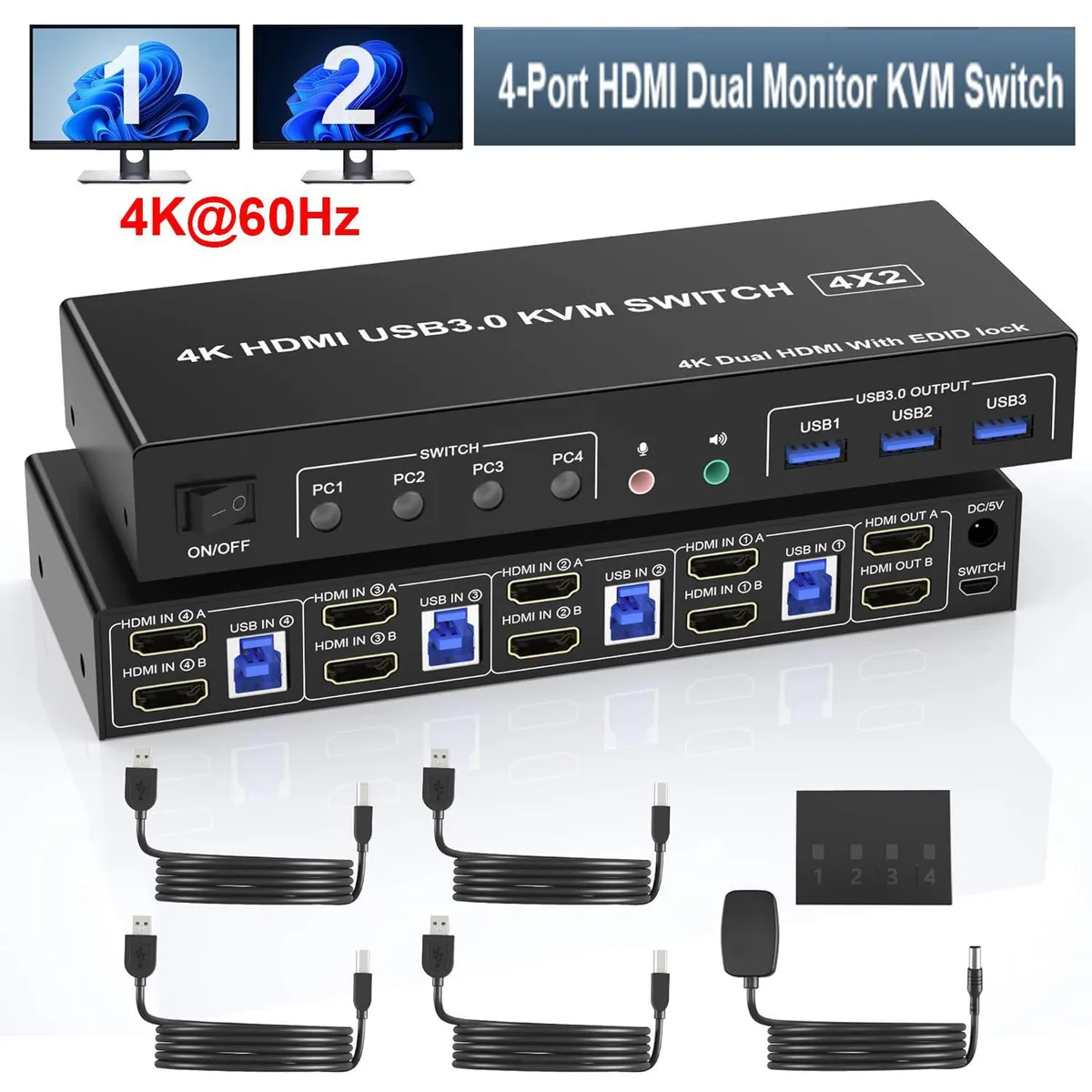 WRIARICH WRIARICH 402B 4-Port Dual HDMI KVM Switch 4K 60Hz USB 3.0 — product photo