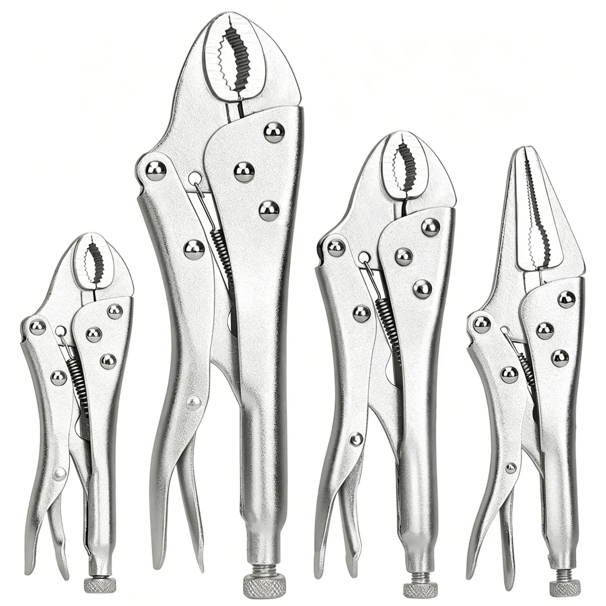 Four silver steel locking pliers in curved and straight jaw styles