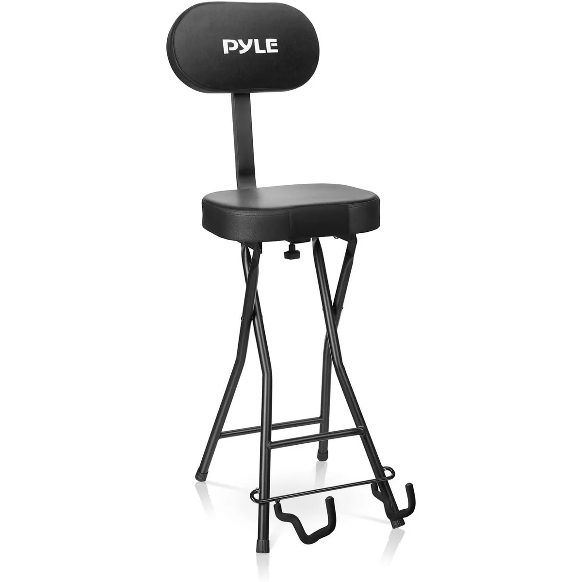 Black folding stool with padded seat, backrest and built-in guitar stand