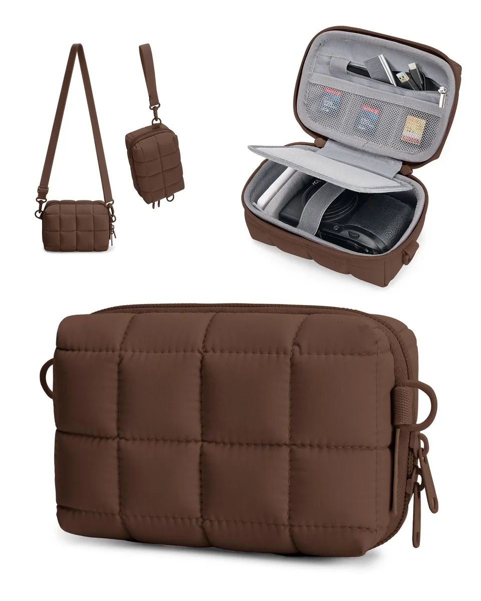Small puffy digital camera case in coffee brown polyester