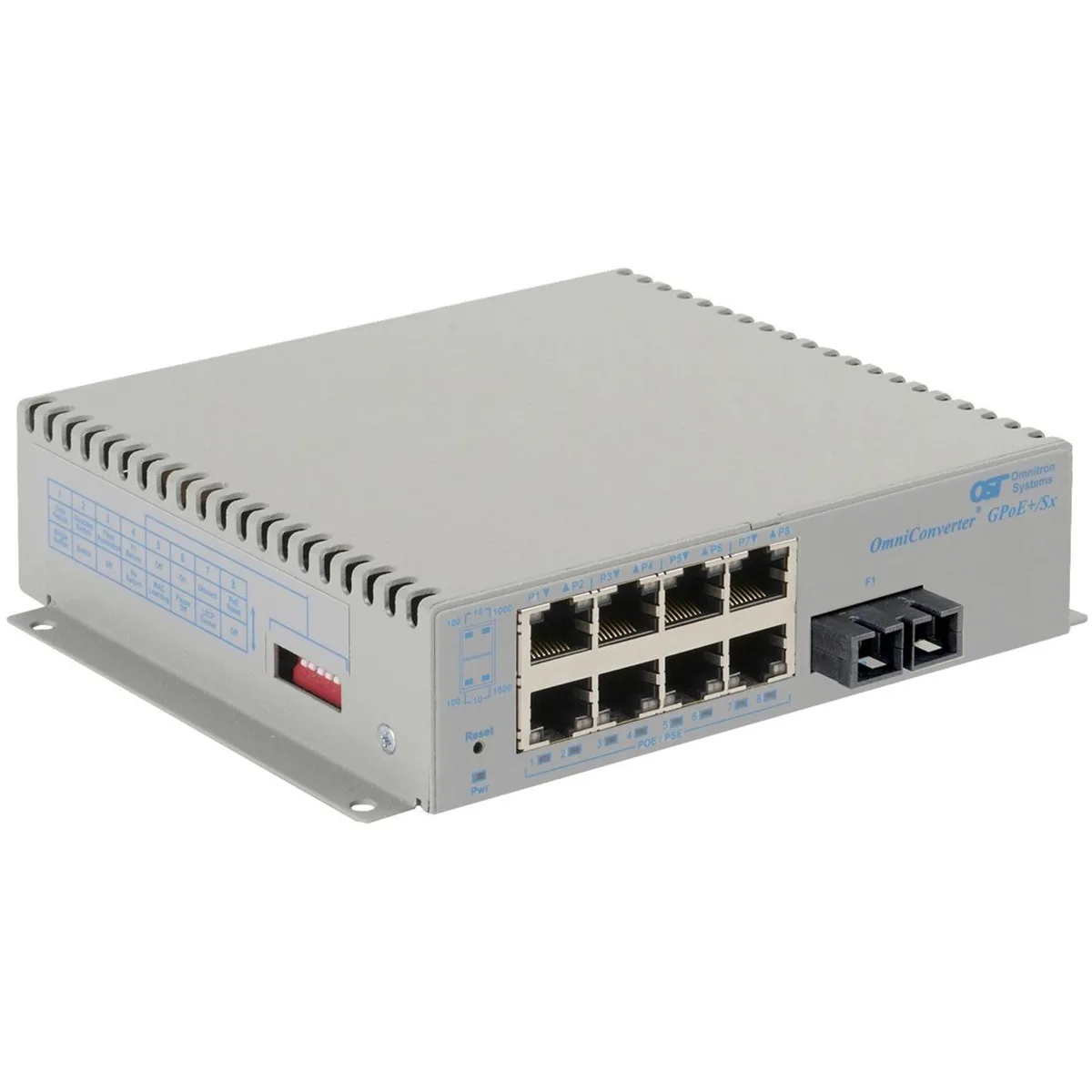 Omnitron Systems Technology Omnitron Systems OmniConverter GPoE+/Sx 8-port Gigabit PoE+ network switch — product photo