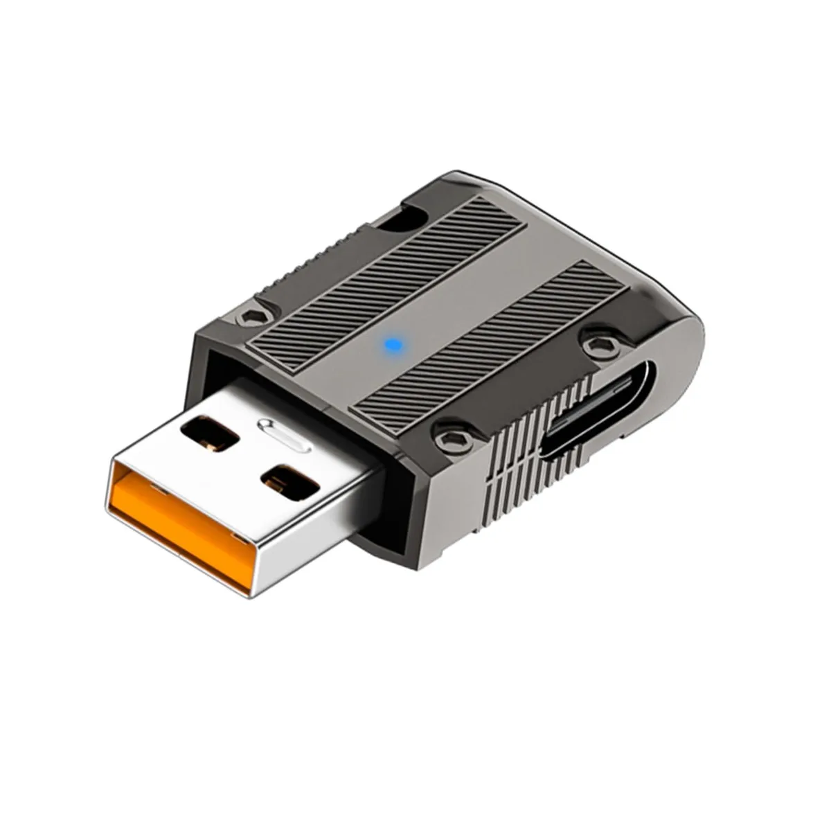 Silver metal USB 3.1 male to USB C female 90° angle adapter with LED light