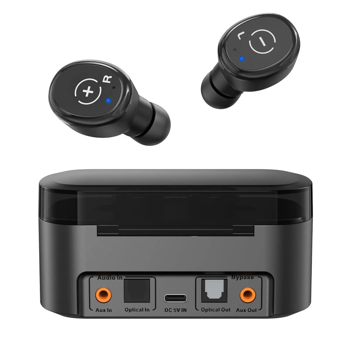 Black in-ear wireless earbuds with charging base