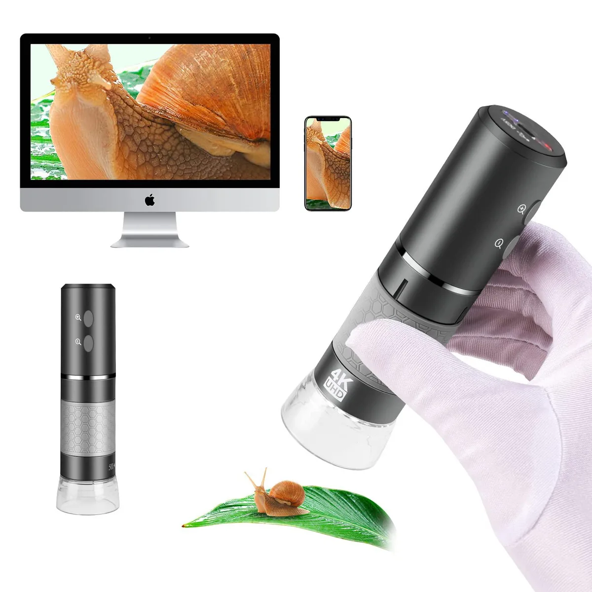 Blue handheld digital microscope with adjustable LEDs and built-in battery