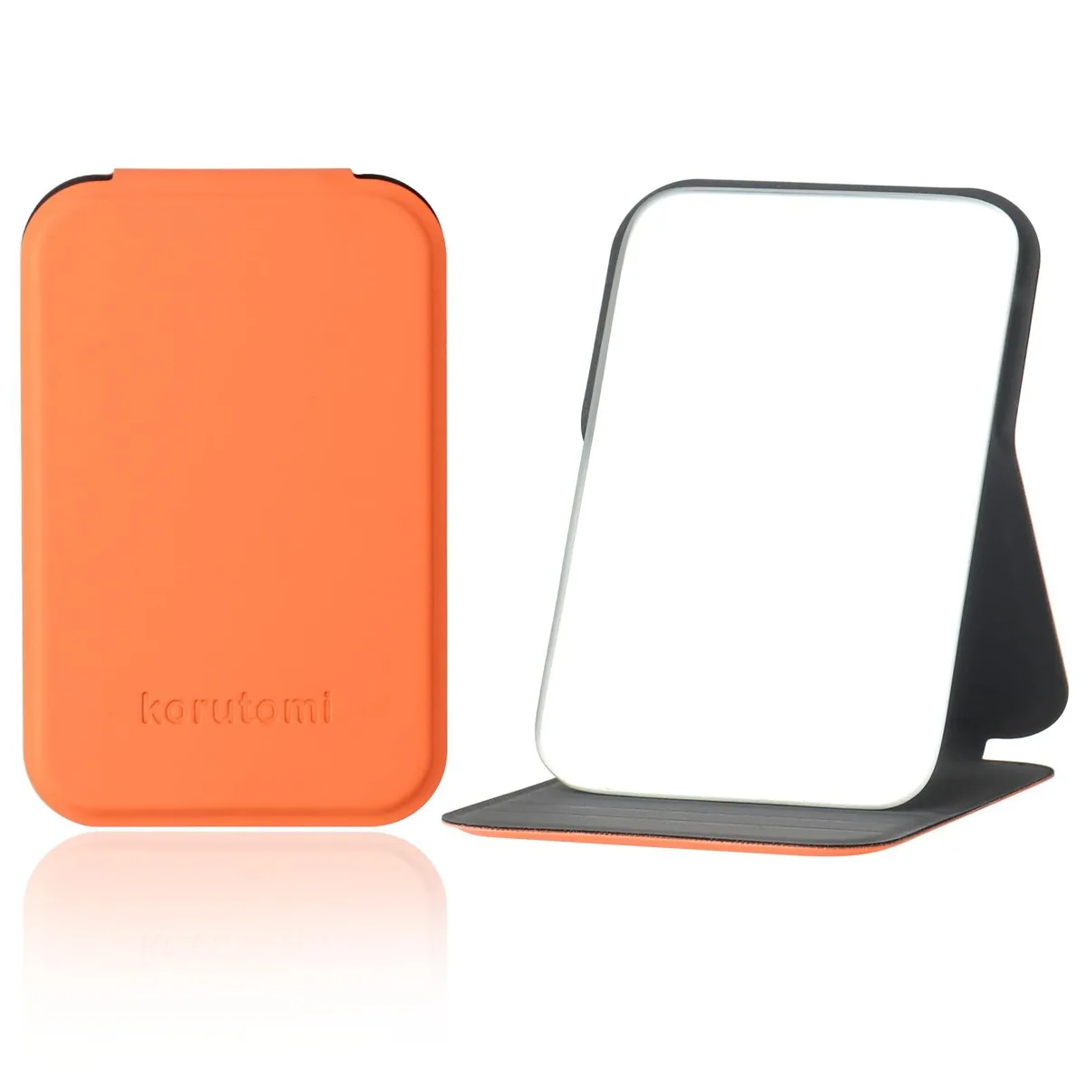 Pink rectangular folding mirror with PU leather cover, 4.3 by 2.7 inches, ultra-thin and lightweight