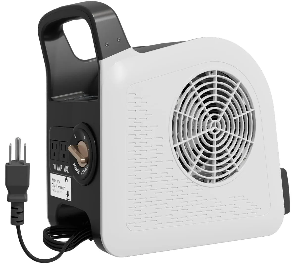 Yellow plastic portable floor fan with carry handle and tilt adjustment