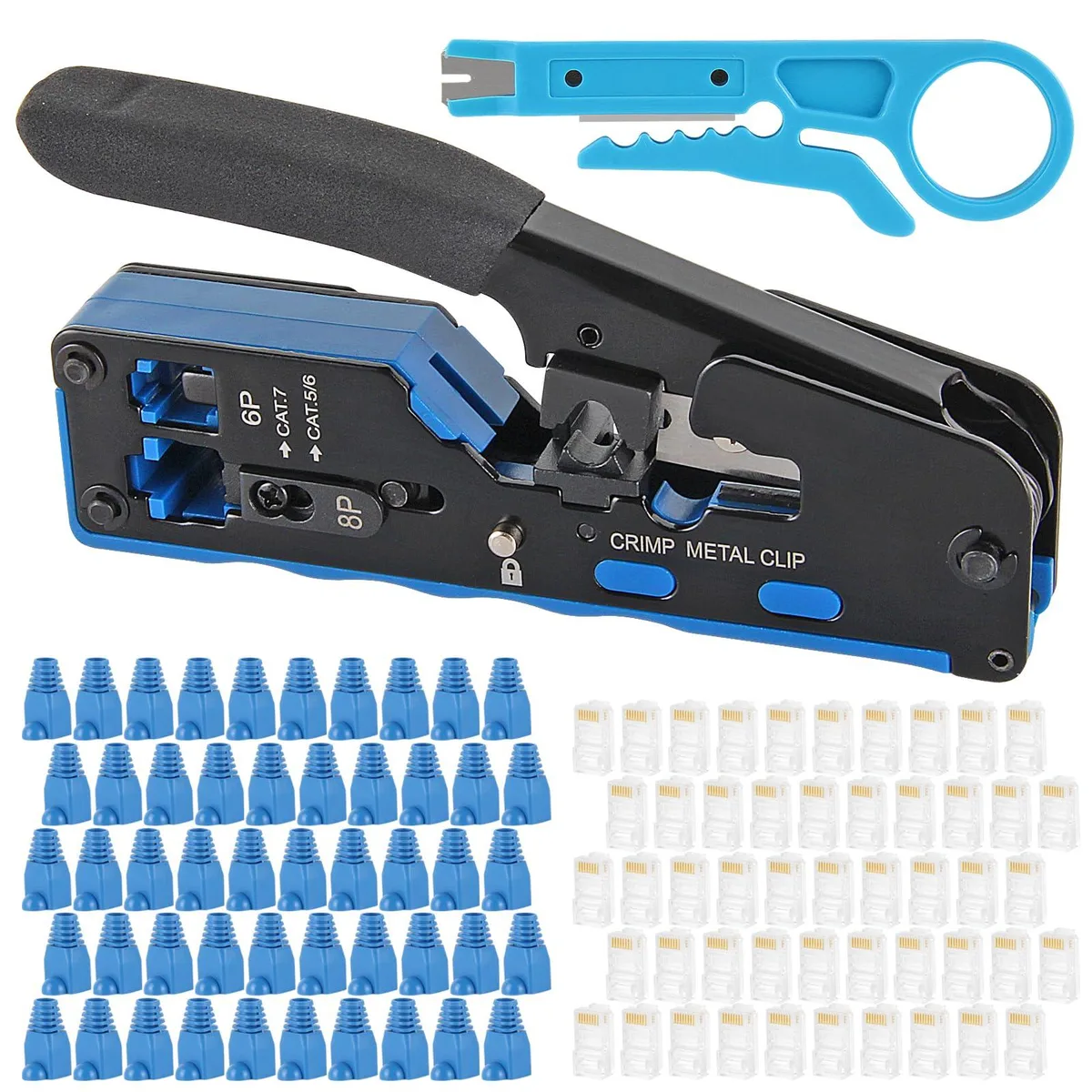 Klein Tools red compact RJ45 crimper with blue stripper and connectors