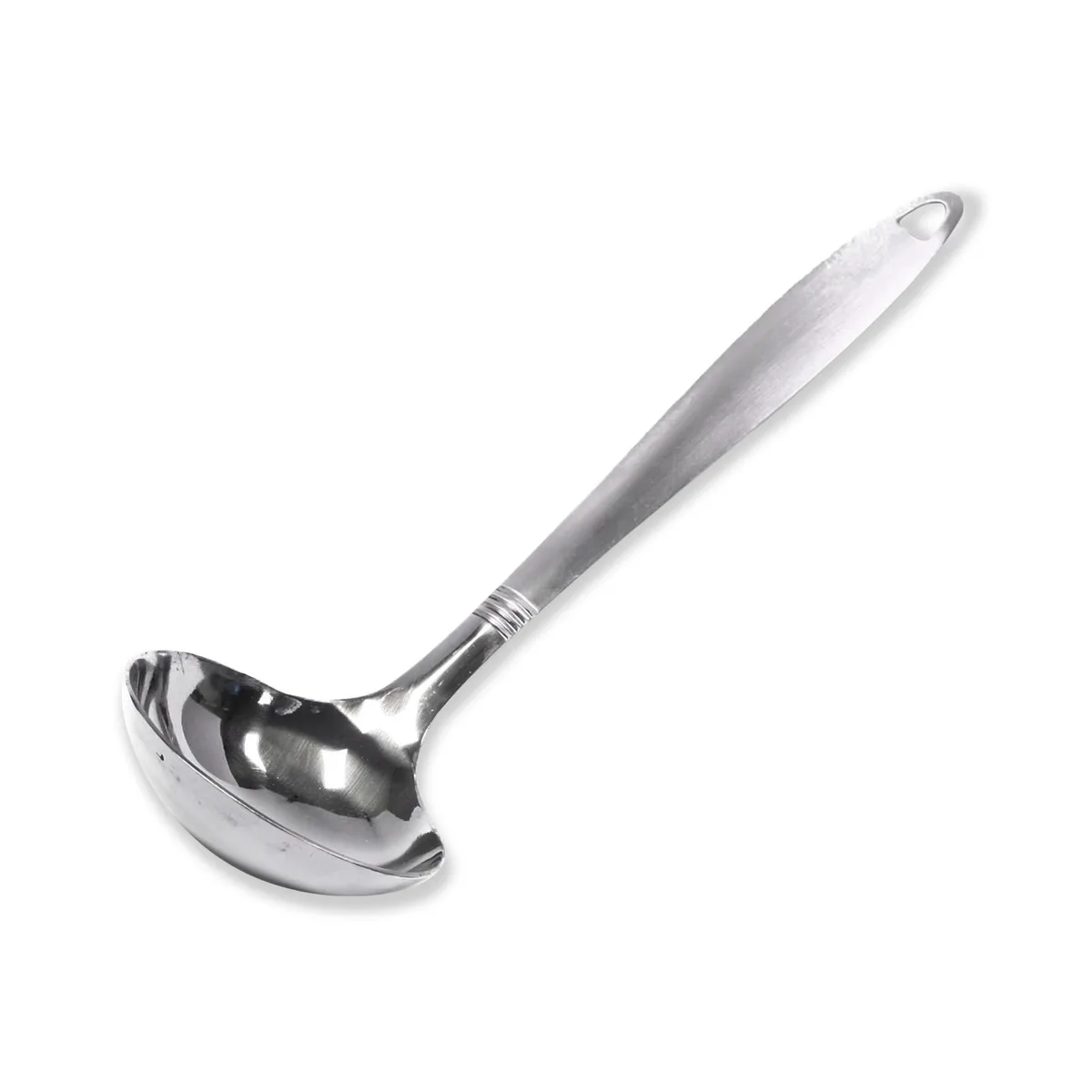 Stainless steel ladle, 11.5 inch, brushed handle, shiny bowl, hanging hole