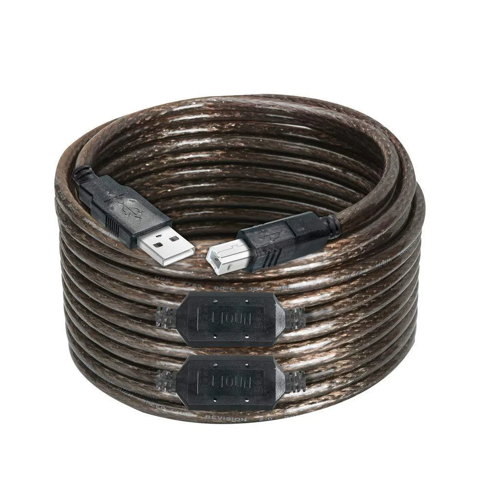 Long USB 2.0 A-to-B printer cable, 50 feet, black PVC jacket, gold-plated connectors