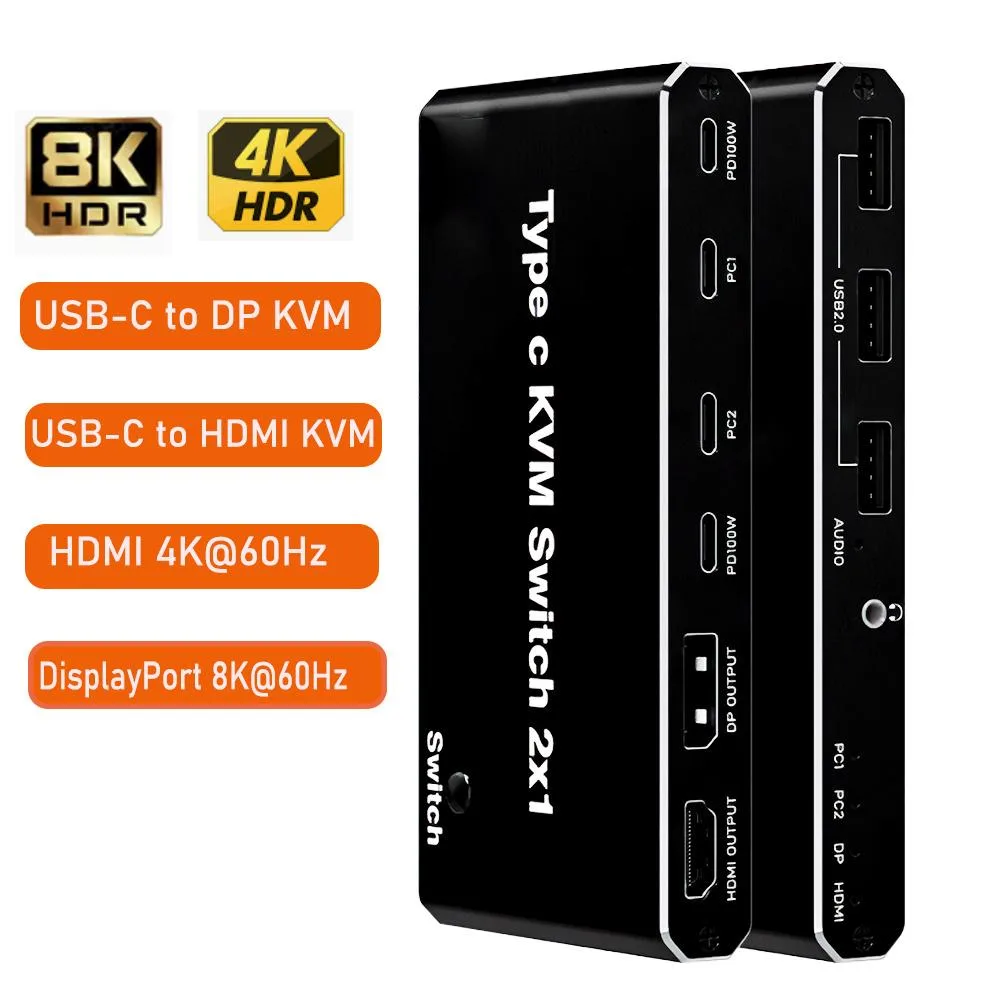Jansicotek Jansicotek OZK7 2x1 USB-C 8K KVM switch 3 USB 2.0 ports 3.5mm audio 100W PD — product photo