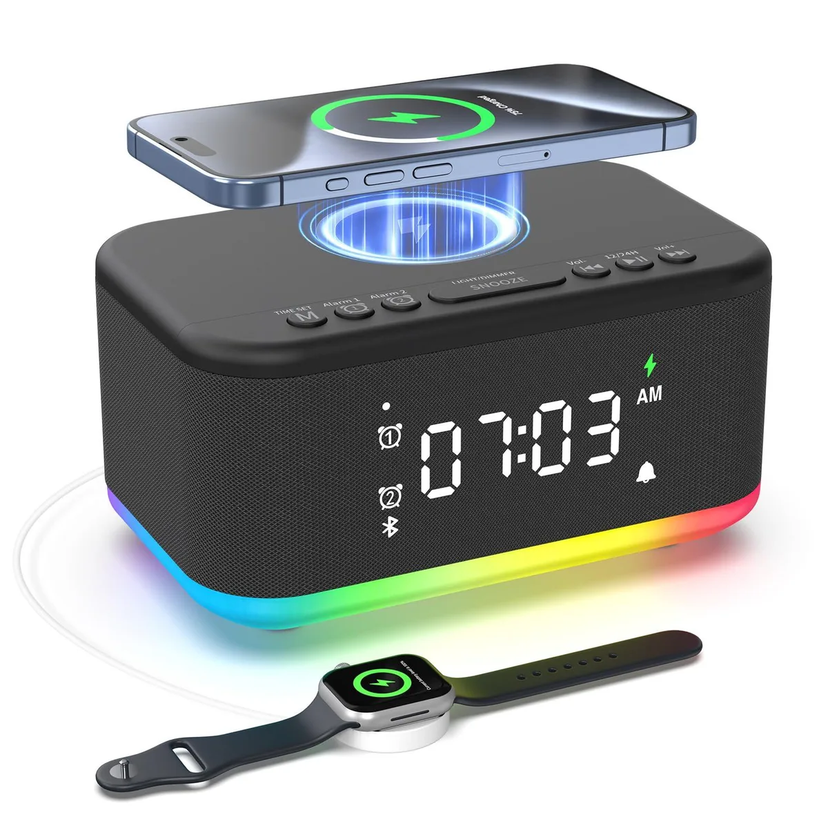 Black rectangular digital clock with rounded edges and a matte finish
