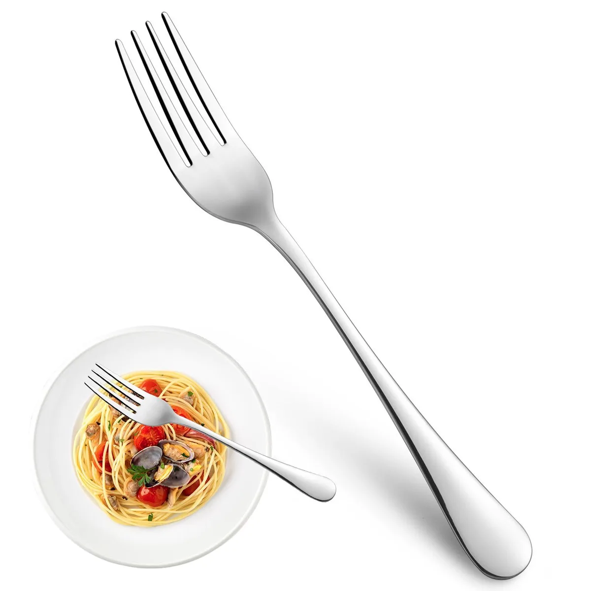 Sixteen stainless steel dinner forks with rounded handles and mirror finish
