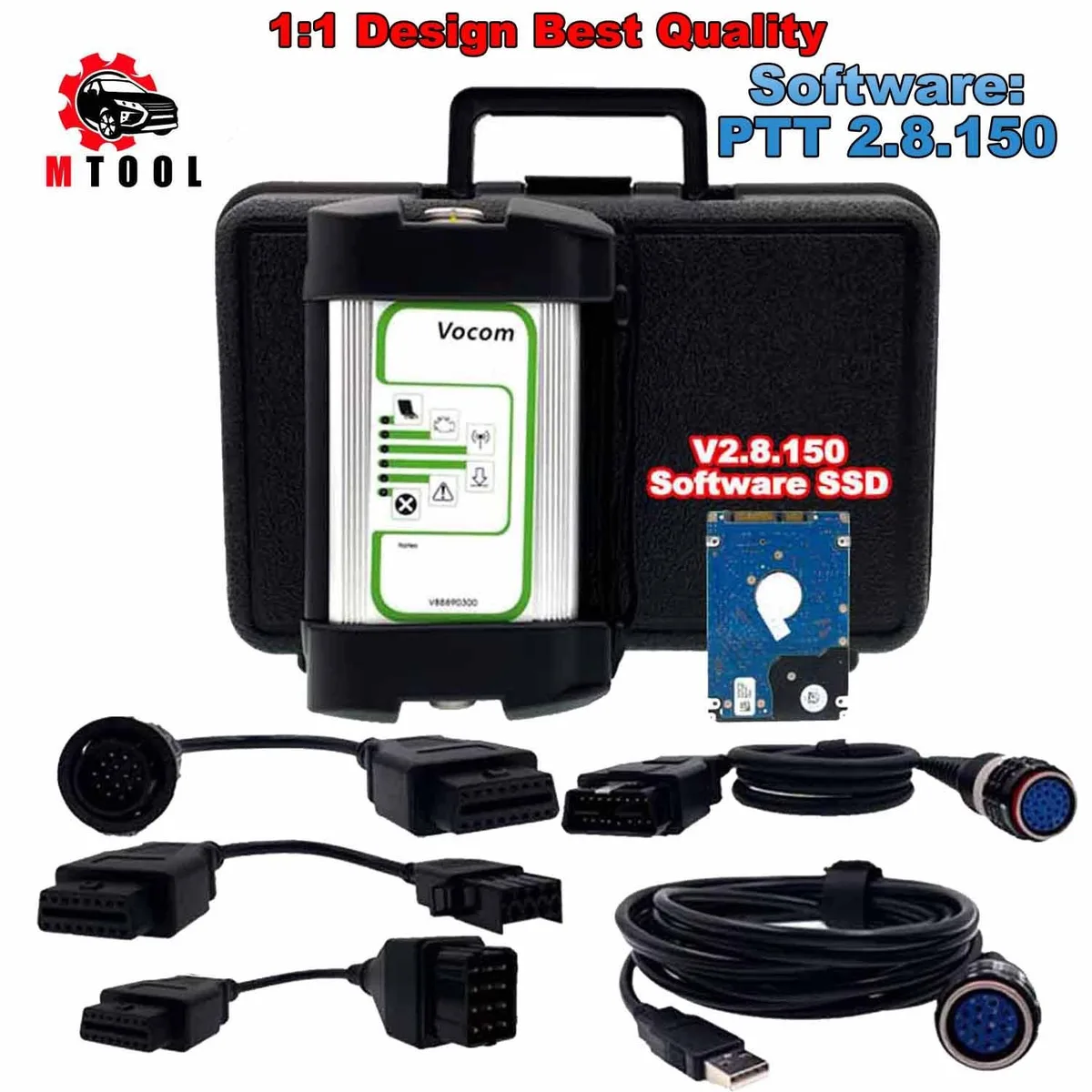 Metal-cased VOCOM 88890300 diagnostic interface with rubber bumpers and USB cable