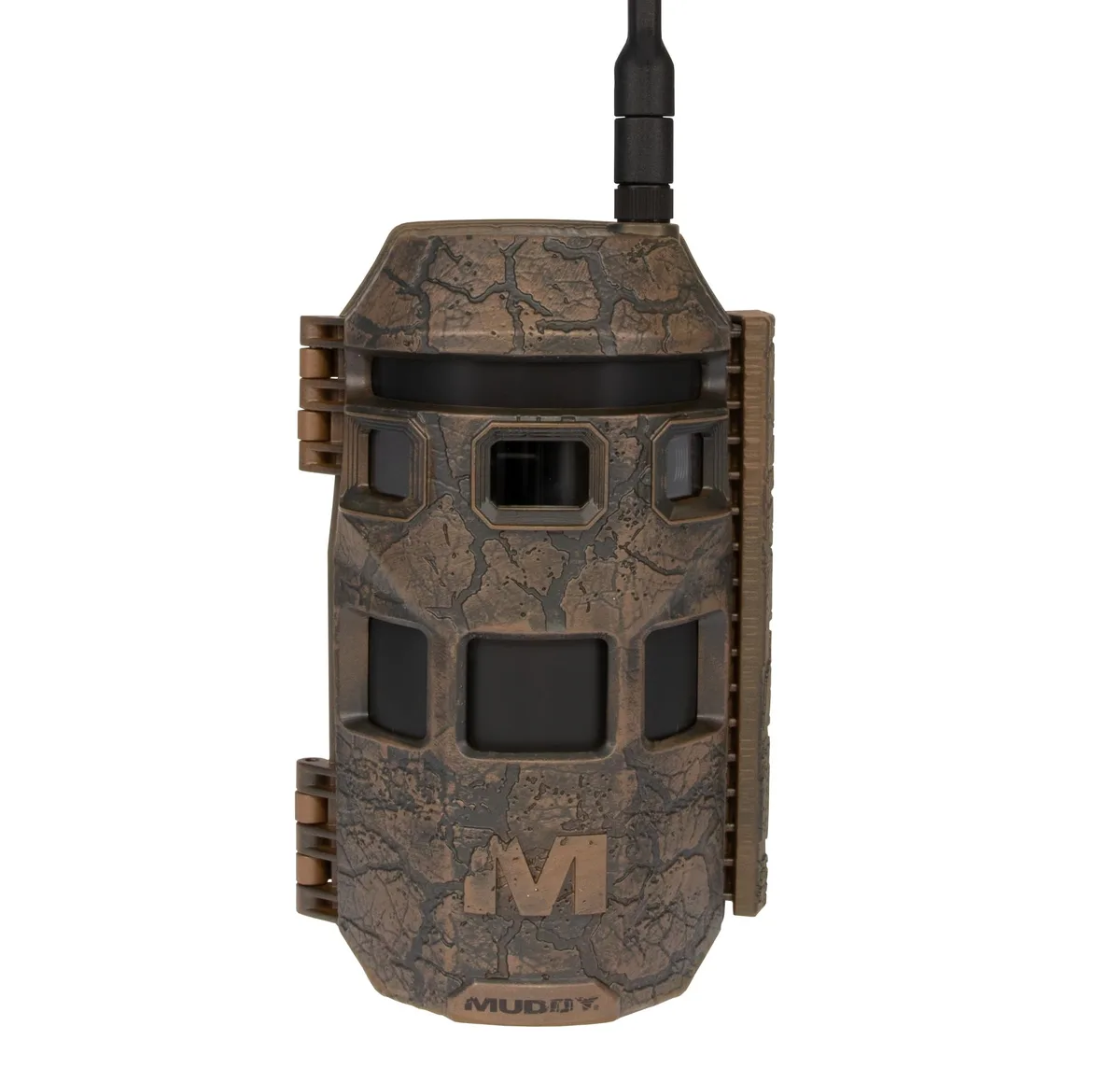 Brown rectangular trail camera with three sensor lenses on front, weatherproof housing, 11.8 by 14.3 by 24.5 cm
