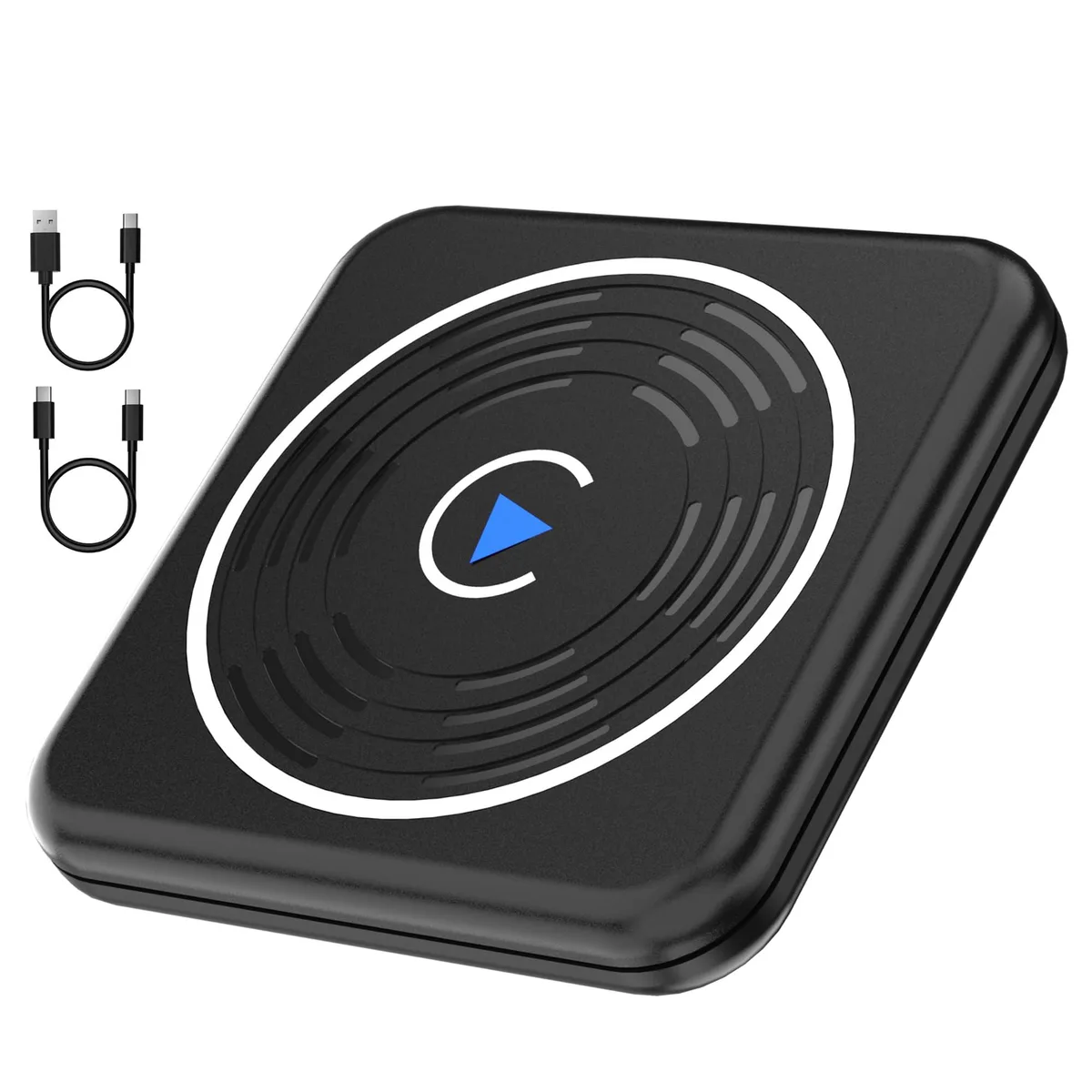 Small black square dongle with rounded edges, USB cable attached