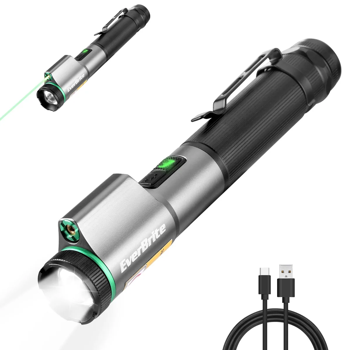Black cylindrical aluminium flashlight with green bezel and pocket clip