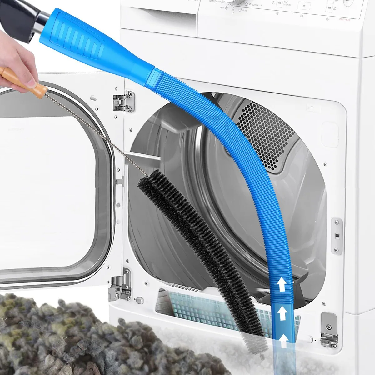 Blue plastic dryer vent cleaning kit with 2.6 ft flexible vacuum hose attachment and long lint brush