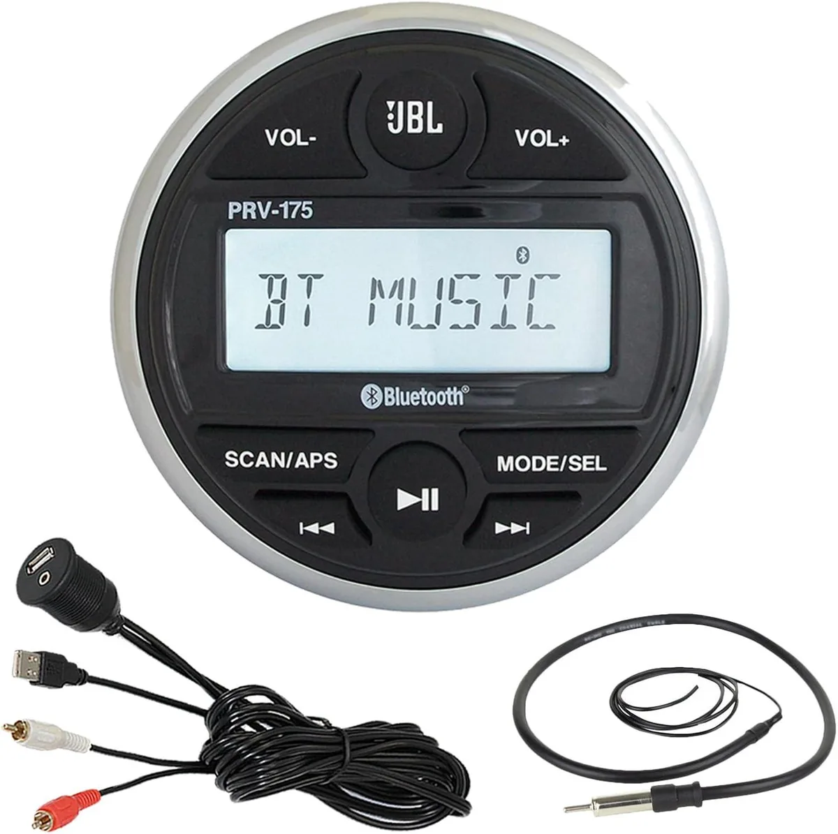 Black gauge-style marine receiver with 22-inch wired antenna and 10-inch USB-AUX mount cable