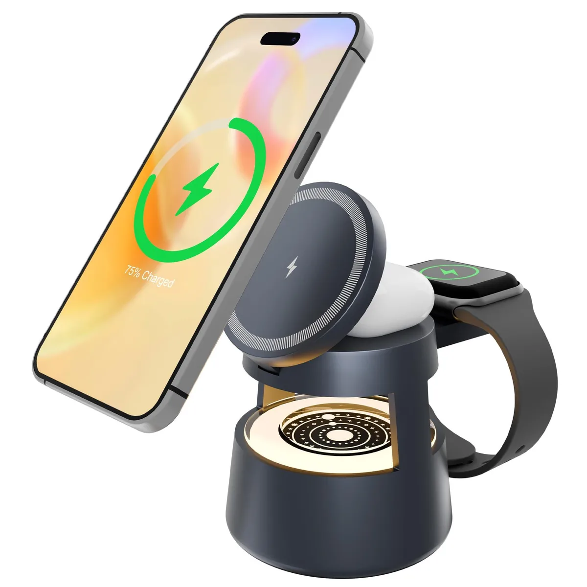 White desktop charging stand with magnetic phone pad, watch puck and AirPods base, compact 3-in-1 design