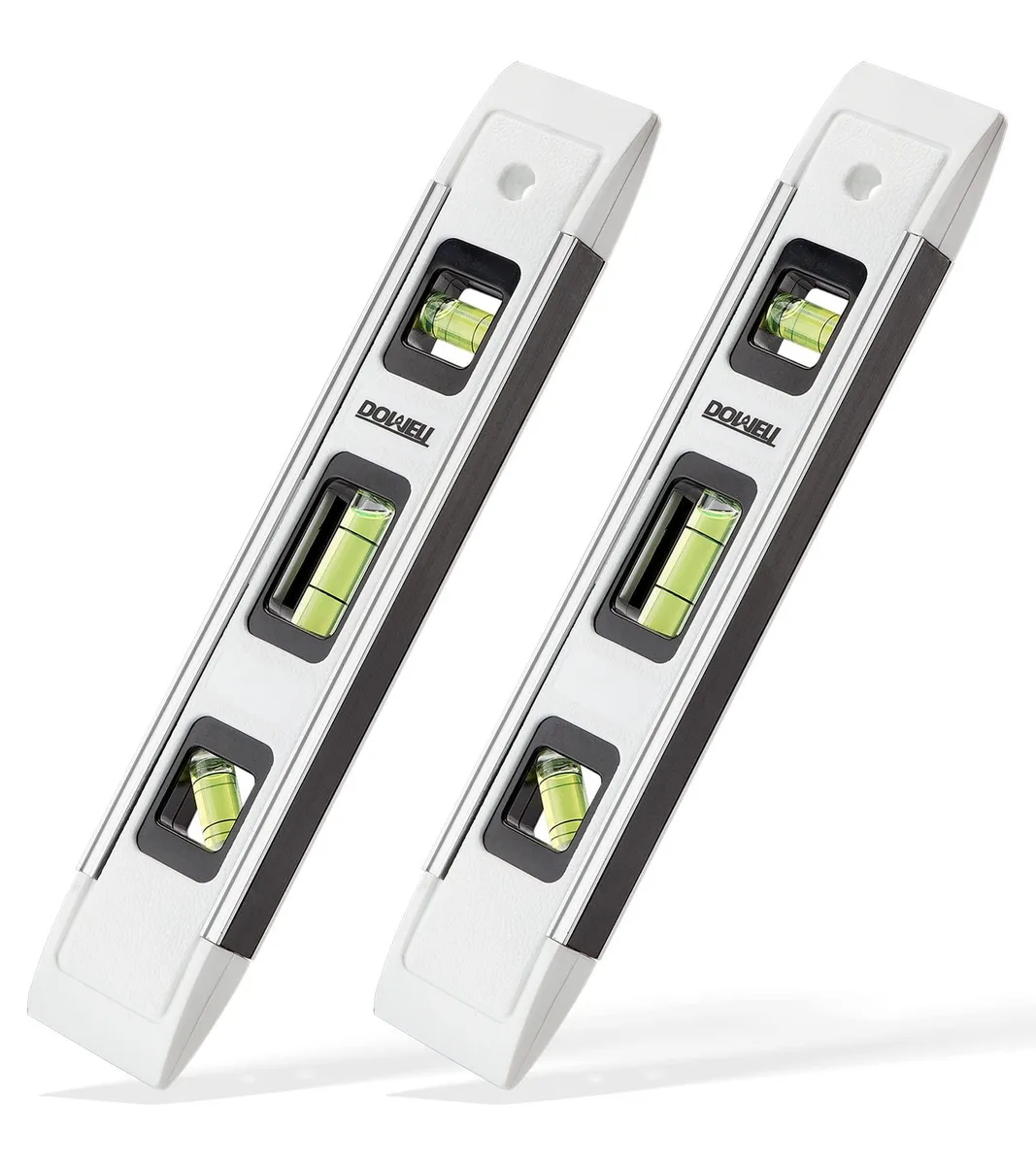 Two white 9-inch magnetic torpedo levels with green vials and orange frames