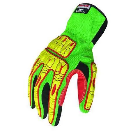 Green impact gloves with yellow TPR knuckle guards and slip-on cuffs