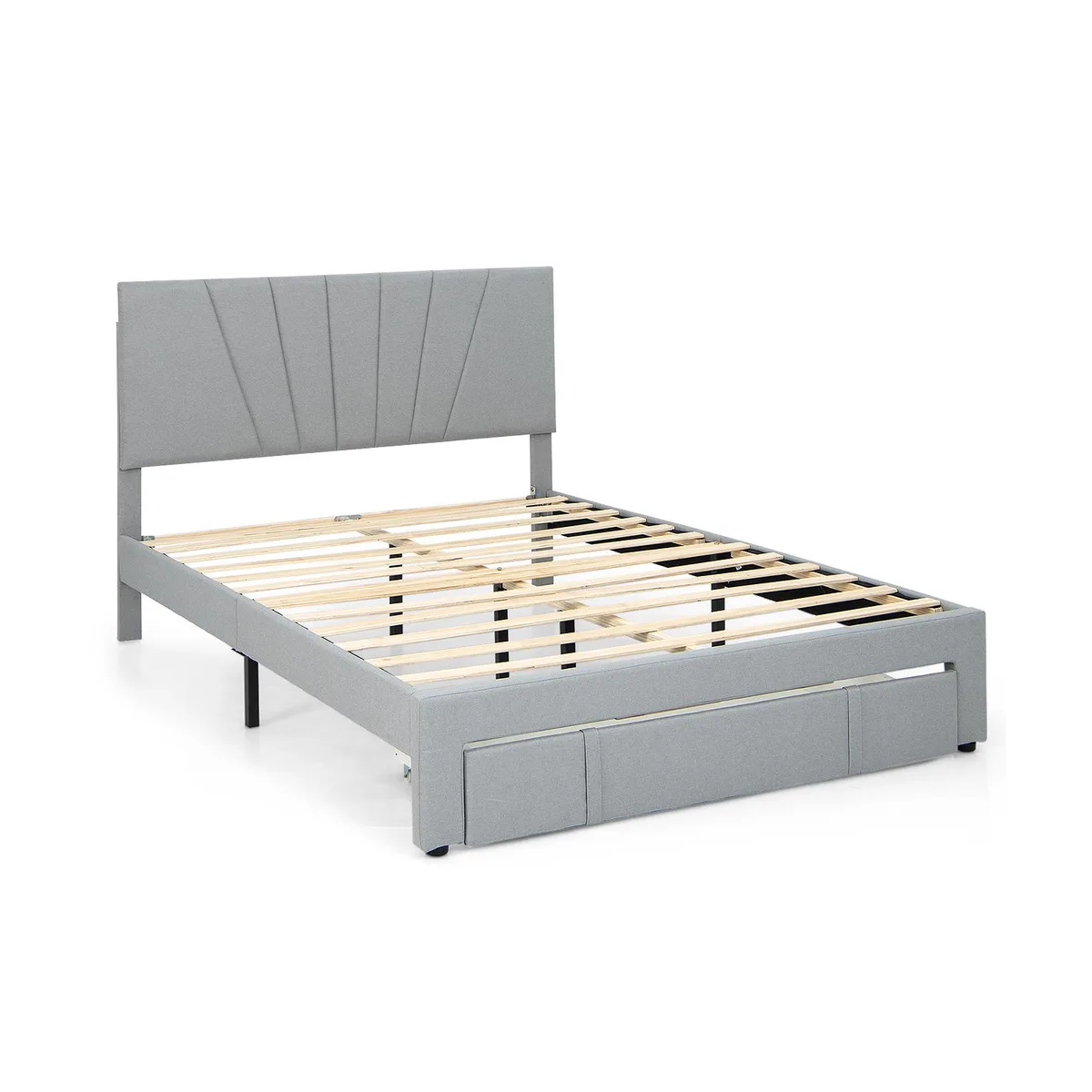 Gray upholstered queen bed frame with drawer and adjustable headboard, linen fabric finish