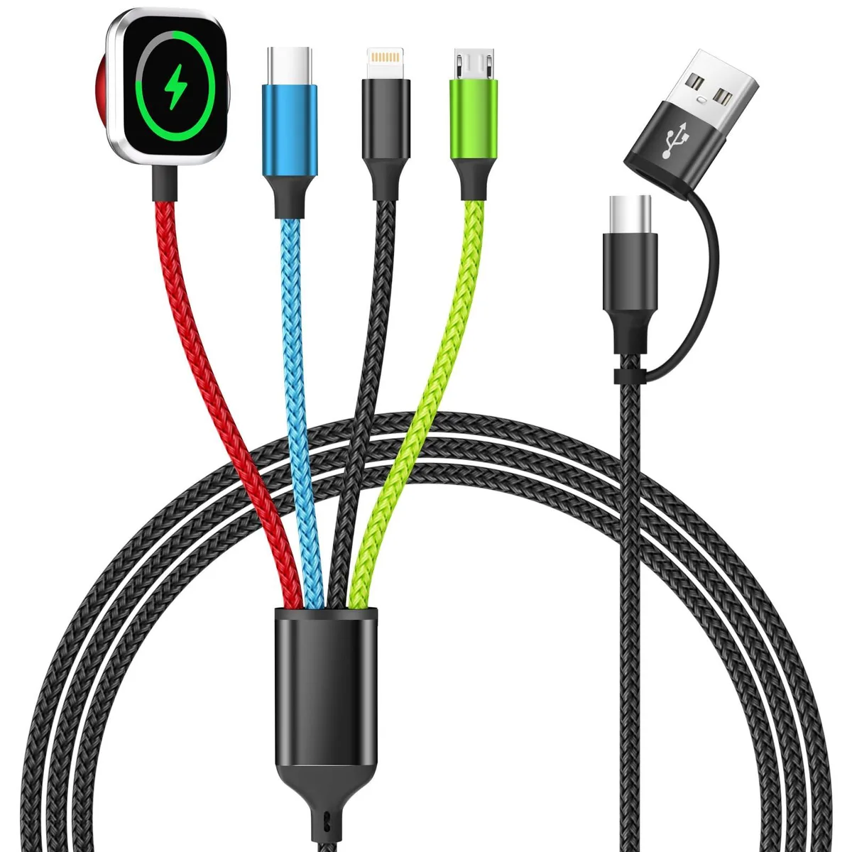 Red, blue, black and green 5ft multi cable with USB-A, USB-C, Lightning, Micro-USB and iWatch connectors