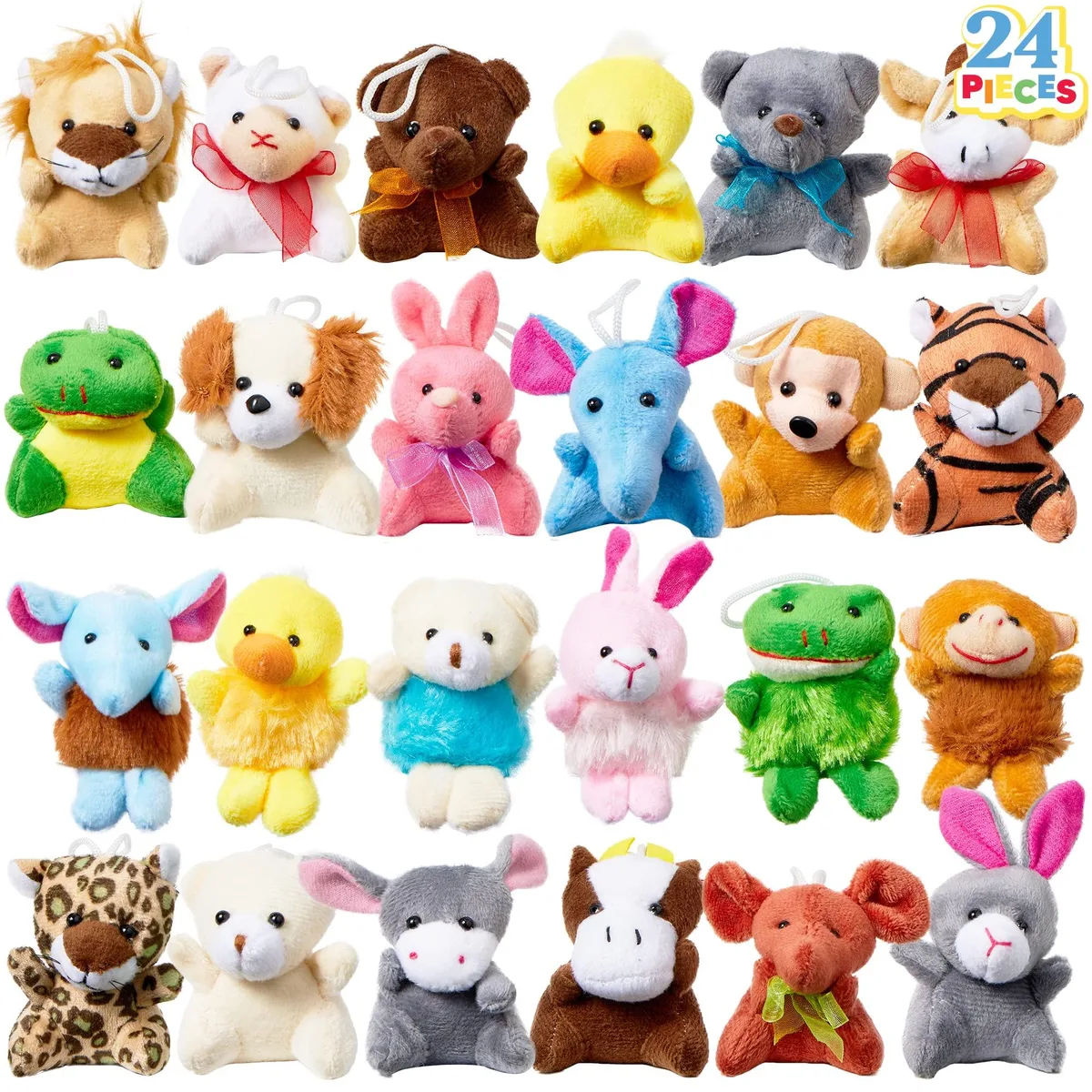Twenty-four small plush animals in assorted colours, each about three centimetres long